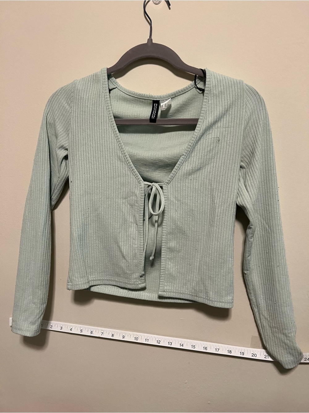 Divided Ribbed Tie-Front Long Sleeve Top in Sage Green